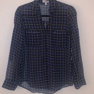 Express Sheer Navy, Black, White & Plaid Portofino Blouse Small